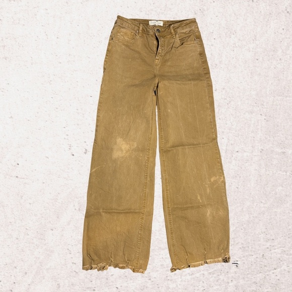 Tan Wide Leg Flare Jeans with Frayed Hem - Picture 1 of 4